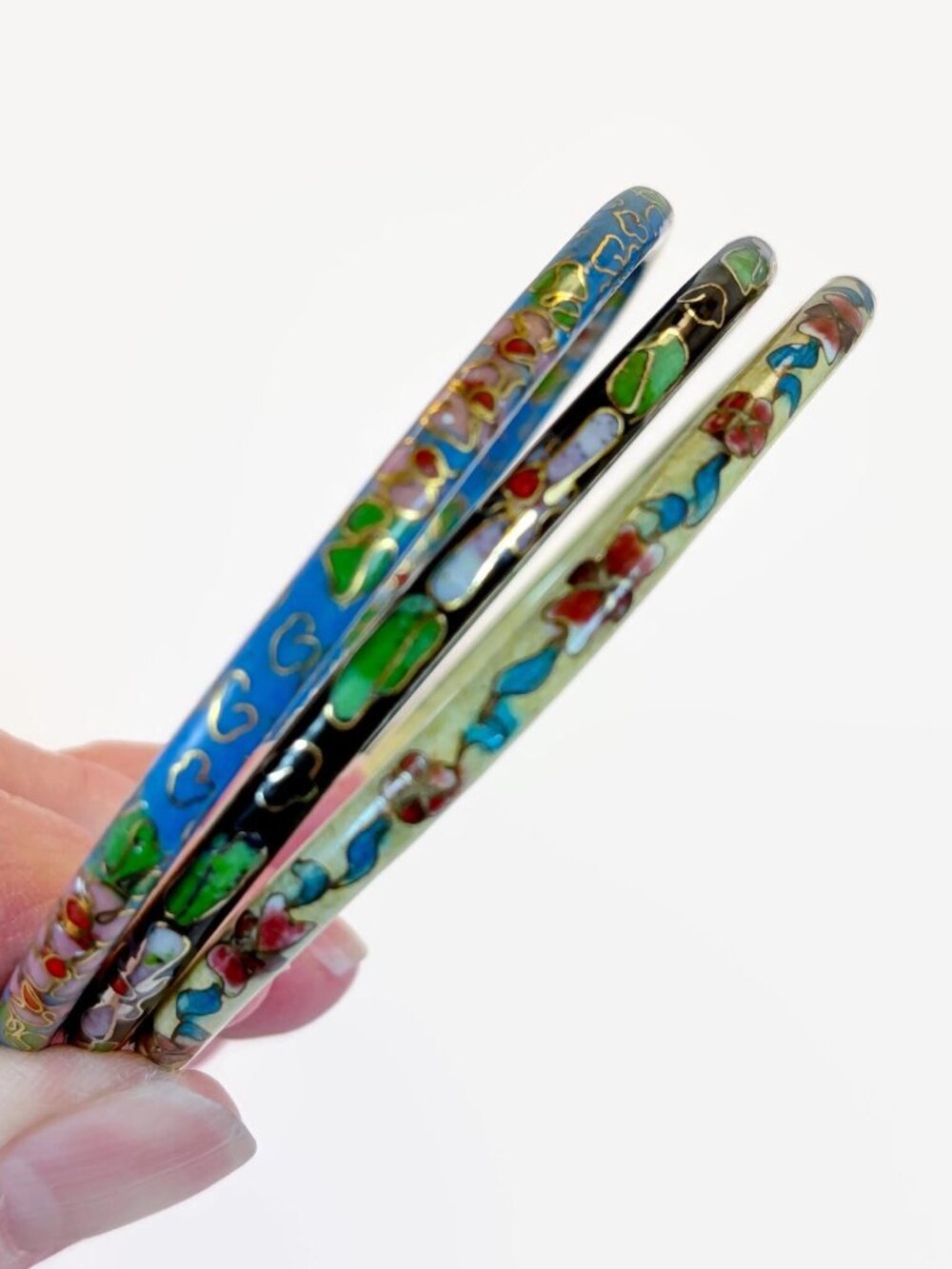 Vintage, Cloisonne Bracelets, Vintage, Lot, 3 Set, Blue, Black, Cream, Stack
